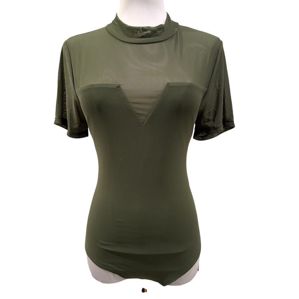 REORIA Olive Green Mesh Mock Neck Bodysuit XL Sheer Short Sleeve Going Out Club